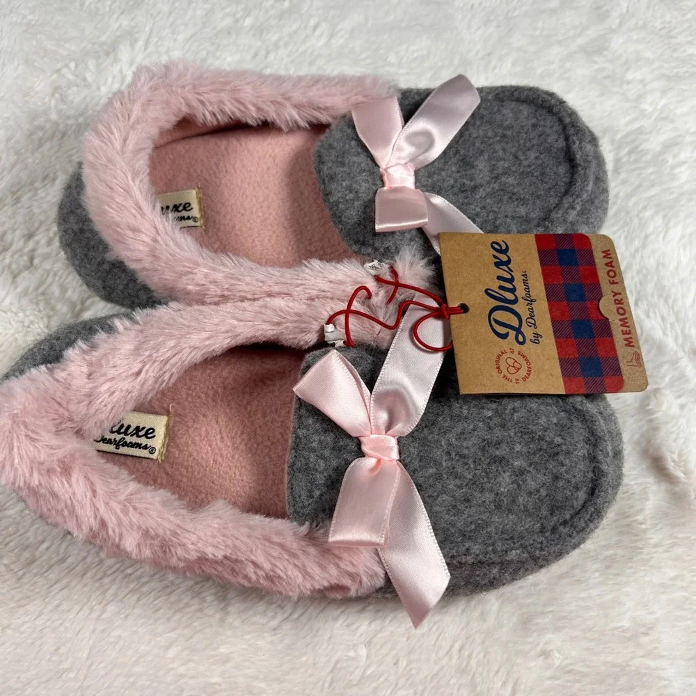 Dluze by Dearfoams Memory Foam Slippers‎ Pink Bow Gray Cozy Plush Size US 13-1